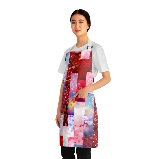 Valentines Pink Red Colorful Hearts Holiday Stripes and Quilt Look Print Apron with Pockets