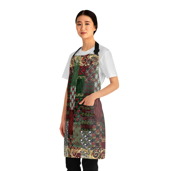 Gothic Vintage Christmas Print Gold Border Quilt Look Apron with Pockets