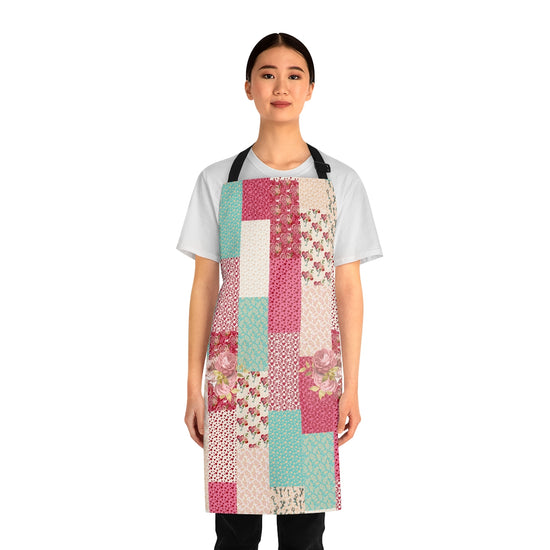 Vintage Valentines Print with Floral Roses Quilt Look Apron with Pockets