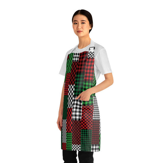 Red White Green Holiday Buffalo Plaid Print Apron with Pockets
