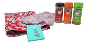 Hostess Gift Set - Matching Kitchen Apron and Silicone Mitt in Red Damask, 3 Nickanny’s Kitchen Spices and Sterling Silver Starfish Pendant Necklace with Gift Bag and Tissue Paper